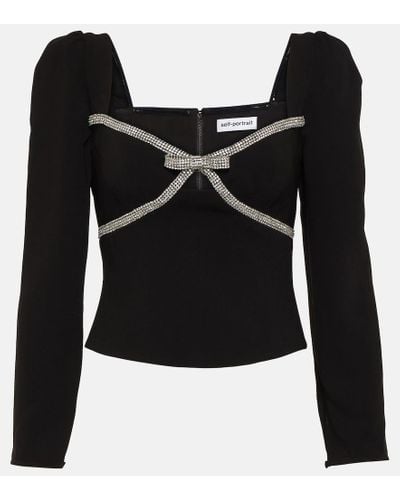 Self-Portrait Bow Embellished Crepe Crop Top - Black