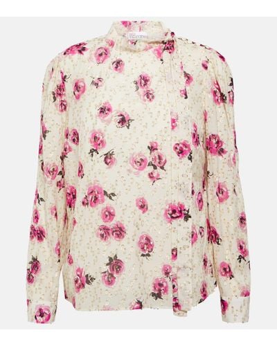 RED Valentino Floral Tie-neck Crepe Shirt - Pink