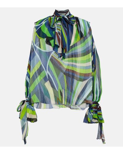 Emilio Pucci Printed Tie-neck Silk Chiffon Blouse - Green