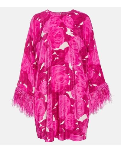 Valentino Vestido corto de seda floral con plumas - Rosa