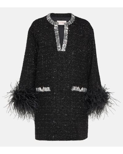 Valentino Vestido corto de tweed con plumas - Negro