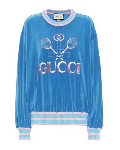 Gucci Bestickter Pullover aus Samt - Blau