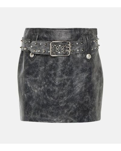 Alessandra Rich Belted Embellished Leather Miniskirt - Gray