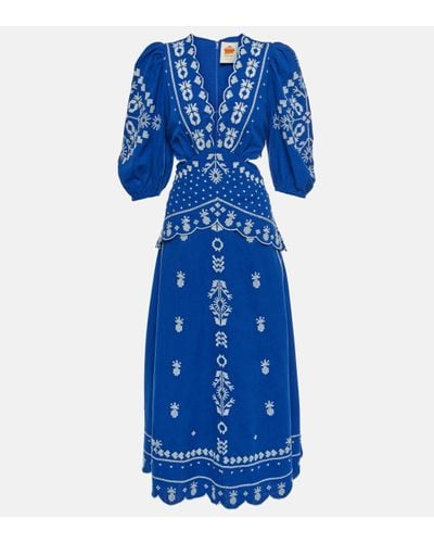 FARM Rio Embroidered Linen-blend Midi Dress - Blue