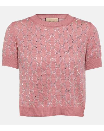 Gucci Top cropped Crystal GG in lana - Rosa