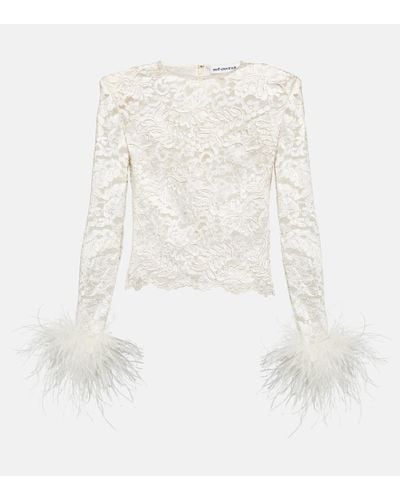 Self-Portrait Feather-trimmed Lace Top - White