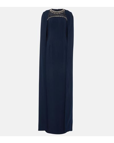 Jenny Packham Loretta Cape-effect Crystal-embellished Crepe Gown - Blue