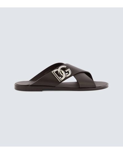 Dolce & Gabbana Logo Leather Slides - Brown