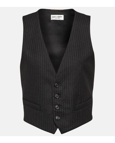 Saint Laurent Silk-satin And Pinstriped Wool And Cotton-blend Vest - Black