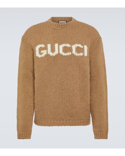 Gucci Pull en laine à col ras du cou et jacquard logo - Marron