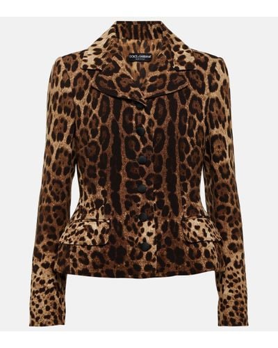 Dolce & Gabbana Single-Breasted Double Crepe Jacket With Leopard Print - Brown