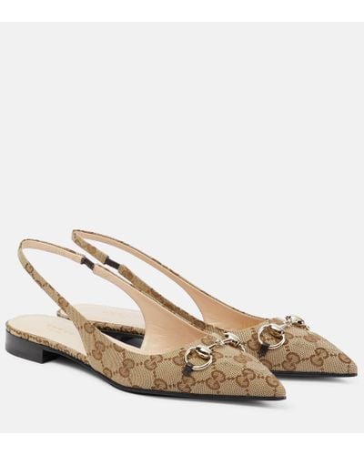 Gucci Horsebit GG Canvas Slingback Flats - Natural