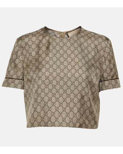 Gucci GG Printed Silk Twill Crop Top - Brown