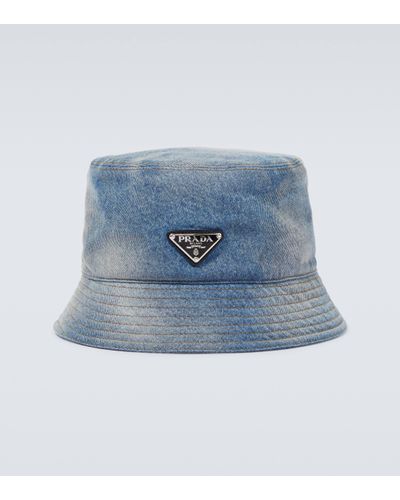 Prada Logo Denim Bucket Hat - Blue