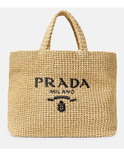 Prada Shopper Medium in rafia con logo - Metallizzato