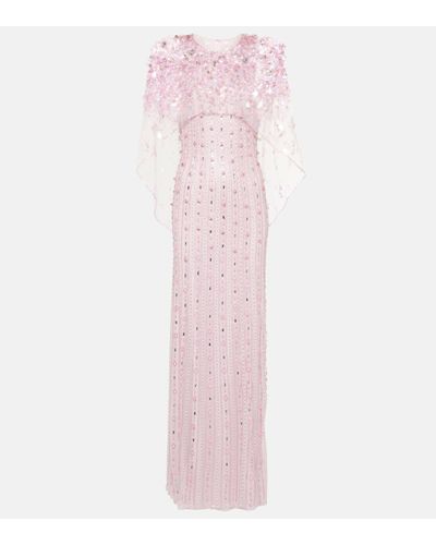 Jenny Packham Nettie Beaded Tulle Cape Gown - Pink