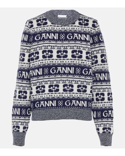 Ganni Pull en laine Jacquard avec motif de logo - Gris