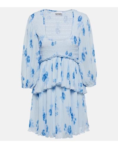Ganni Vestido corto de georgette floral - Azul