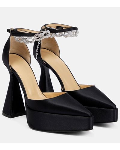Mach & Mach Bow Chain Embellished Satin Platform Court Shoes - Black