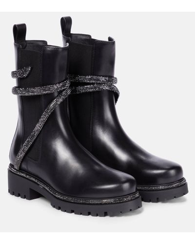 Rene Caovilla Cleo 30 Crystal Leather Chelsea Boots - Black