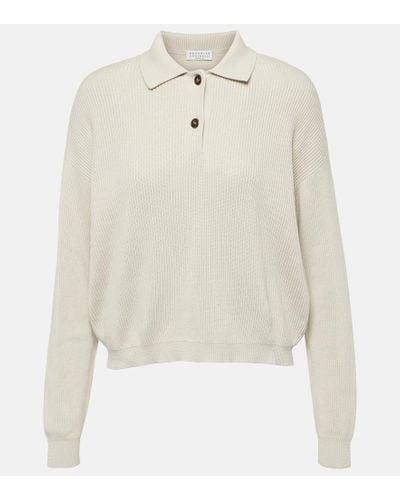 Brunello Cucinelli Ribbed-knit Cotton Polo Sweater - White