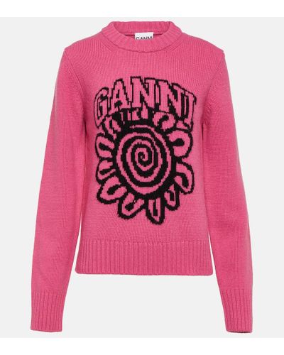 Ganni Jersey en mezcla de lana con logo - Rosa