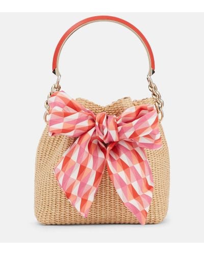 Jimmy Choo T/pap/candy Pink Bon Bon Small Bow-embellished Raffia Bucket Bag - Red