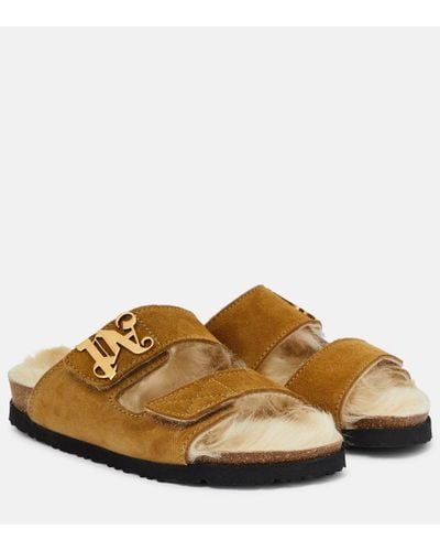 Palm Angels Shearling-lined Suede Slides - Brown