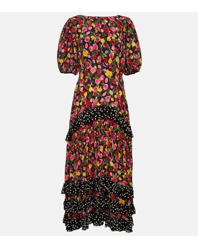 RIXO London Robe midi Shireen en soie a fleurs - Rouge