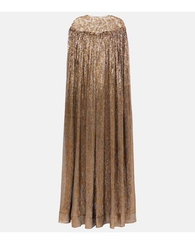 Oscar de la Renta Embellished Gathered Lame Gown - Natural