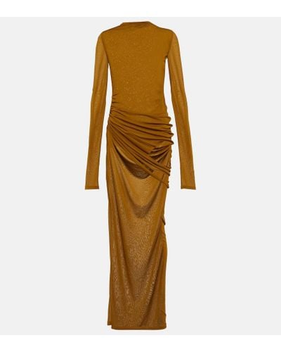 Saint Laurent Ruched Jersey Voile Maxi Dress - Yellow