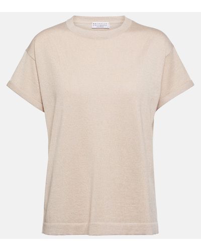 Brunello Cucinelli T-shirt en cachemire et soie melanges - Blanc