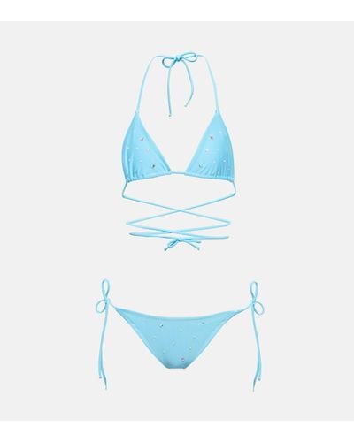 Alessandra Rich Floral Printed Ruched Bikini - Blue