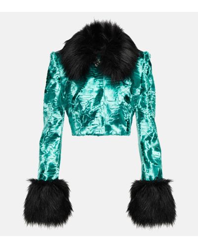 Alessandra Rich Faux Fur-trimmed Velvet Cropped Jacket - Green