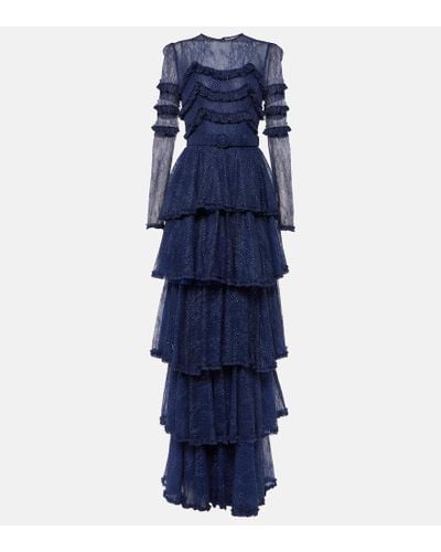 Costarellos Frill-trimmed Tiered Lace Gown - Blue