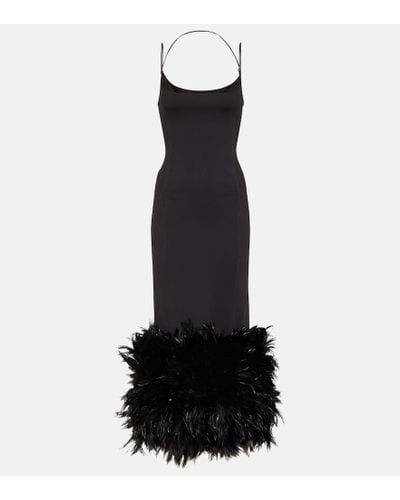 The Attico Feather-trimmed Jersey Maxi Dress - Black
