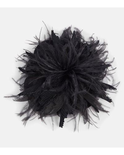 Saint Laurent Feather-trimmed Floral-applique Velvet Brooch - Black