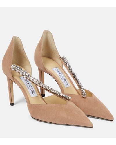 Jimmy Choo Bee 85 Embellished Suede Court Shoes - Natural
