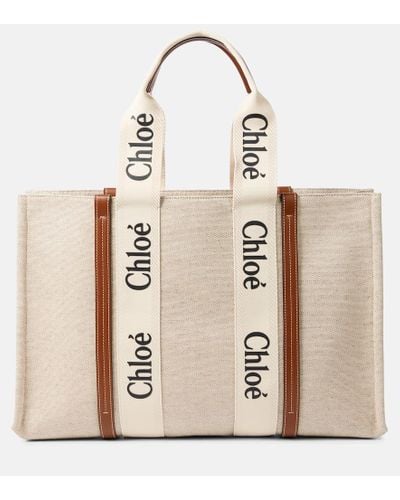 Chloé + Net Sustain Woody Mittelgroße Tote Aus Leinen Mit Lederbesätzen - Natur