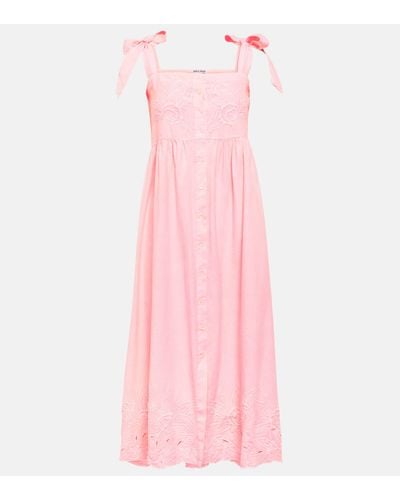 Juliet Dunn Embroidered Cotton And Linen Midi Dress - Pink