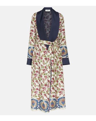 Etro Belted Printed Silk Coat - Blue