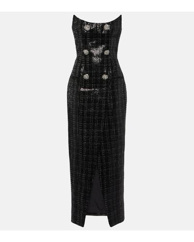 Balmain Strapless Embellished Sequined Metallic Tweed Gown - Black