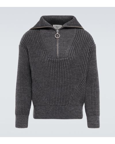 Ami Paris Virgin Wool Half-zip Sweater - Gray