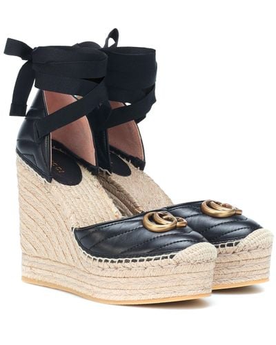 Gucci Double G Leather Espadrille Wedges - Black