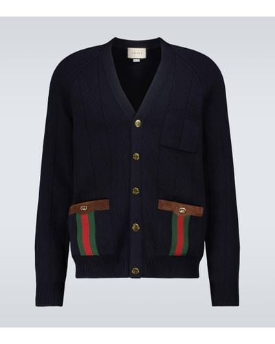 Gucci Cardigan en maille de laine mélangée avec bande Web - Bleu