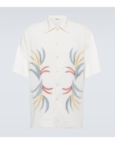Commas Embroidered Linen And Cotton Bowling Shirt - White