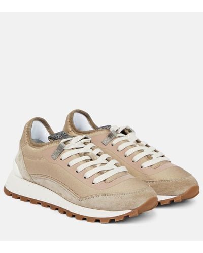 Brunello Cucinelli Embellished Suede-panelled Sneakers - Natural