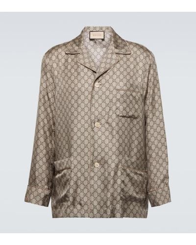 Gucci Camisa de seda con GG - Marrón