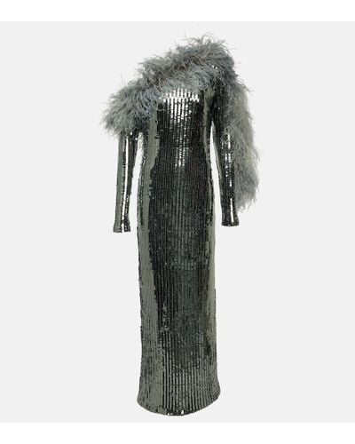 ‎Taller Marmo Garbo Disco Feather-trimmed Sequined Gown - Gray