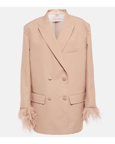 Valentino Feather-trimmed Double-breasted Blazer - Natural